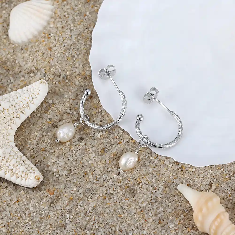 Cercei Din Argint - Cercei din Argint cu Perle Naturale de Cultură Silver Pearl Hoops