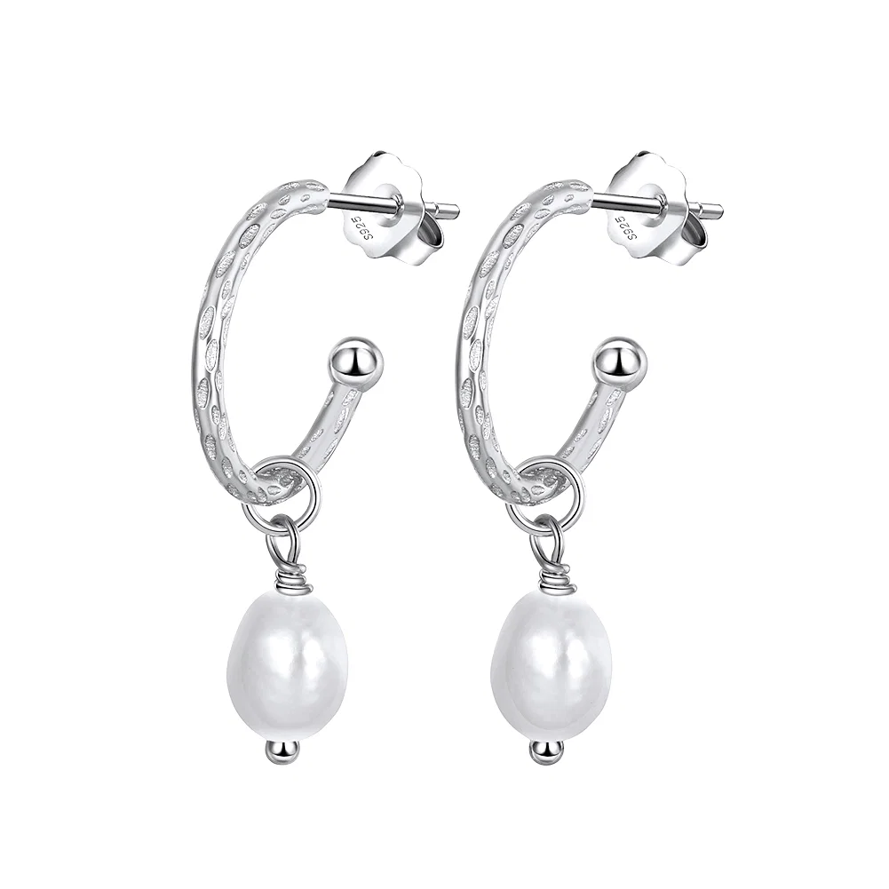 Cercei Din Argint - Cercei din Argint cu Perle Naturale de Cultură Silver Pearl Hoops