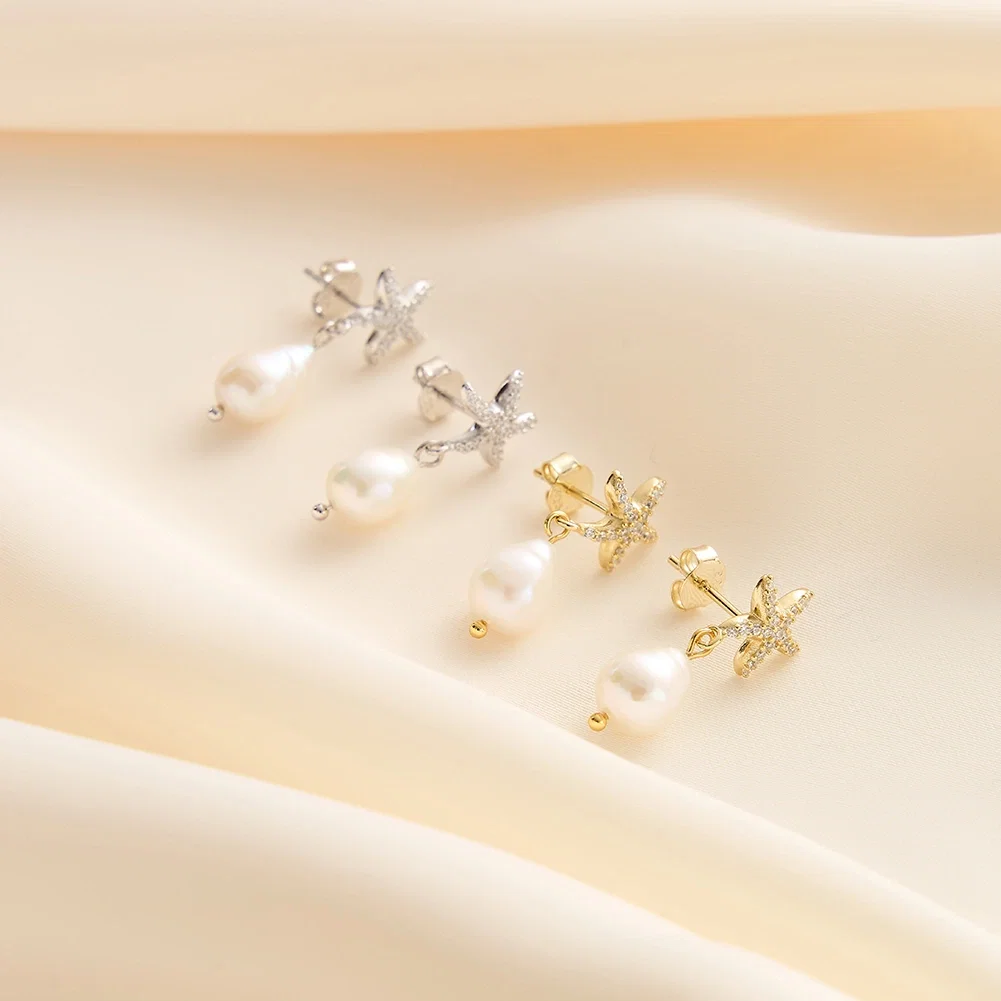 Cercei din argint - Cercei din Argint cu Perle Naturale de Cultură Starfish Pearl Drops