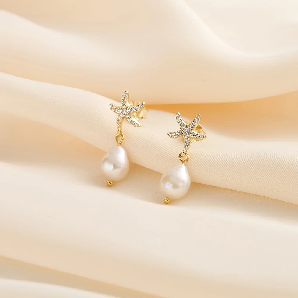 Cercei din argint - Cercei din Argint cu Perle Naturale de Cultură Starfish Pearl Drops