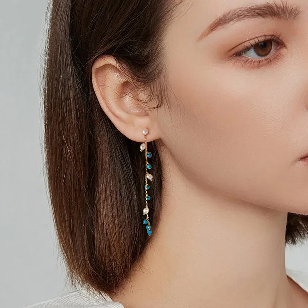 Cercei din argint - Cercei din Argint cu Perle Naturale și Piatră Turcoaz Drop Earrings Gold