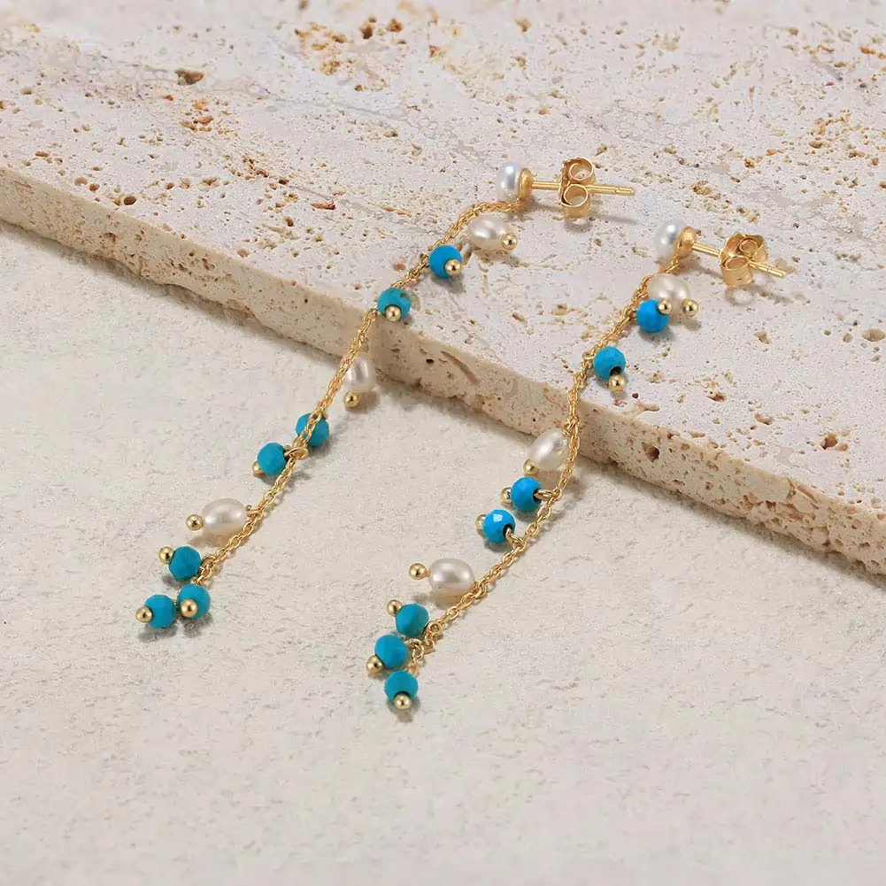 Cercei din argint - Cercei din Argint cu Perle Naturale și Piatră Turcoaz Drop Earrings Gold
