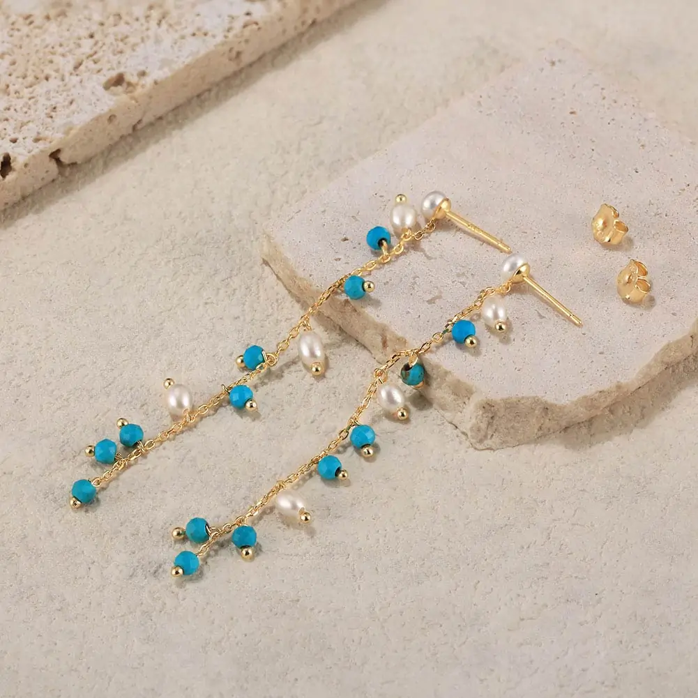 Cercei din argint - Cercei din Argint cu Perle Naturale și Piatră Turcoaz Drop Earrings Gold