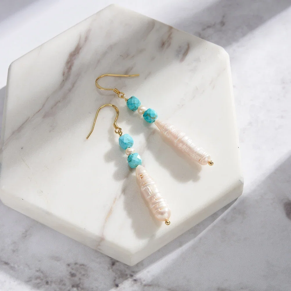 Cercei din argint - Cercei din Argint cu Perle Naturale și Piatră Turcoaz Elegance Earrings