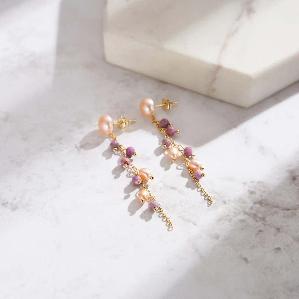 Cercei din argint - Cercei din argint cu Perle Naturale și Pietre Ametist Pearl & Amethyst Gold