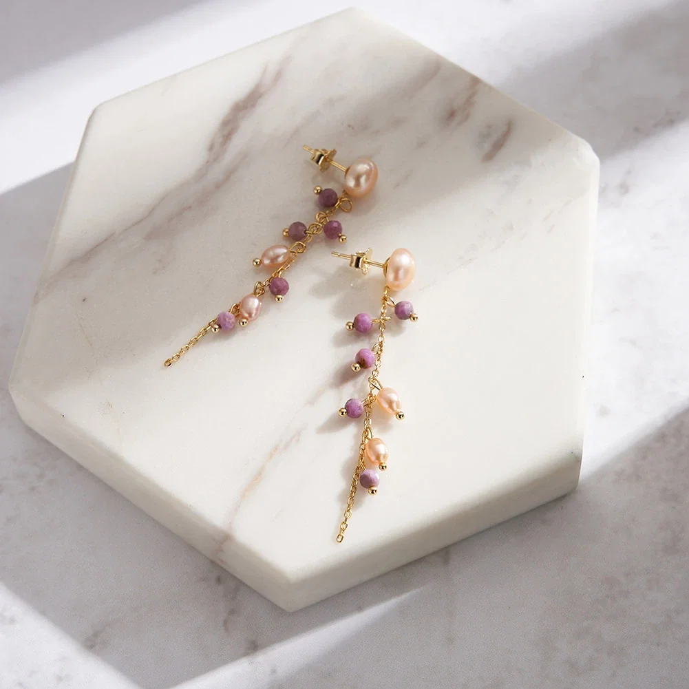 Cercei din argint - Cercei din argint cu Perle Naturale și Pietre Ametist Pearl & Amethyst Gold