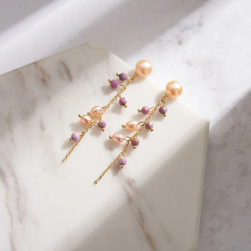 Cercei din argint - Cercei din argint cu Perle Naturale și Pietre Ametist Pearl & Amethyst Gold