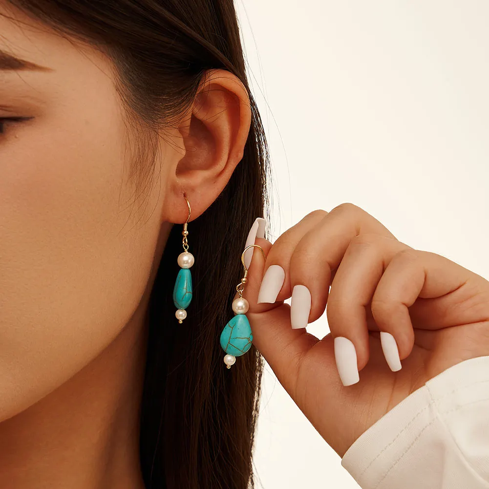 Cercei din argint - Cercei din Argint cu Perle și Piatră Naturală Turcoaz Pearl Turquoise Gold