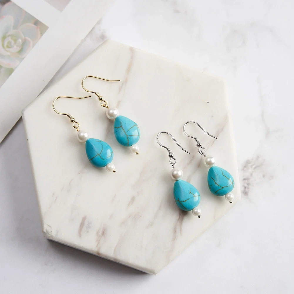 Cercei din argint - Cercei din Argint cu Perle și Piatră Naturală Turcoaz Pearl Turquoise Gold
