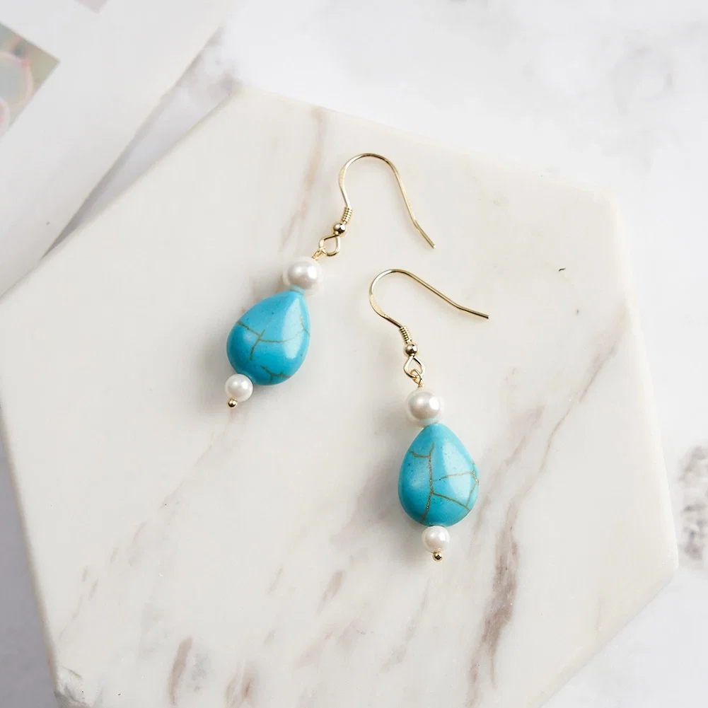 Cercei din argint - Cercei din Argint cu Perle și Piatră Naturală Turcoaz Pearl Turquoise Gold