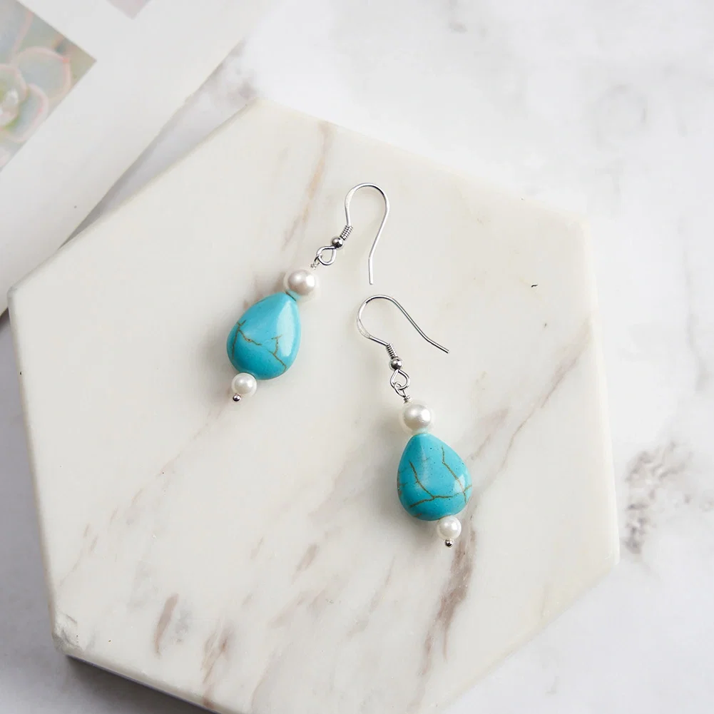 Cercei - Cercei din Argint cu Perle și Piatră Naturală Turcoaz Pearl Turquoise Silver