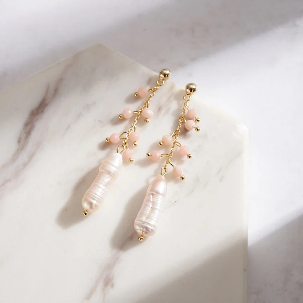 Cercei Din Argint - Cercei din Argint cu Perle și Pietre Naturale Cuarț Pink Pearl Drop Gold