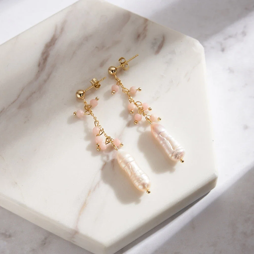 Cercei Din Argint - Cercei din Argint cu Perle și Pietre Naturale Cuarț Pink Pearl Drop Gold