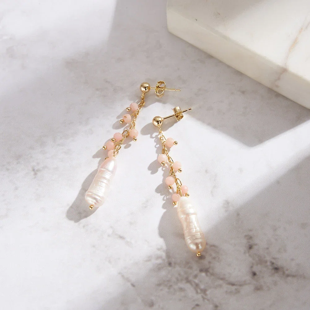 Cercei Din Argint - Cercei din Argint cu Perle și Pietre Naturale Cuarț Pink Pearl Drop Gold