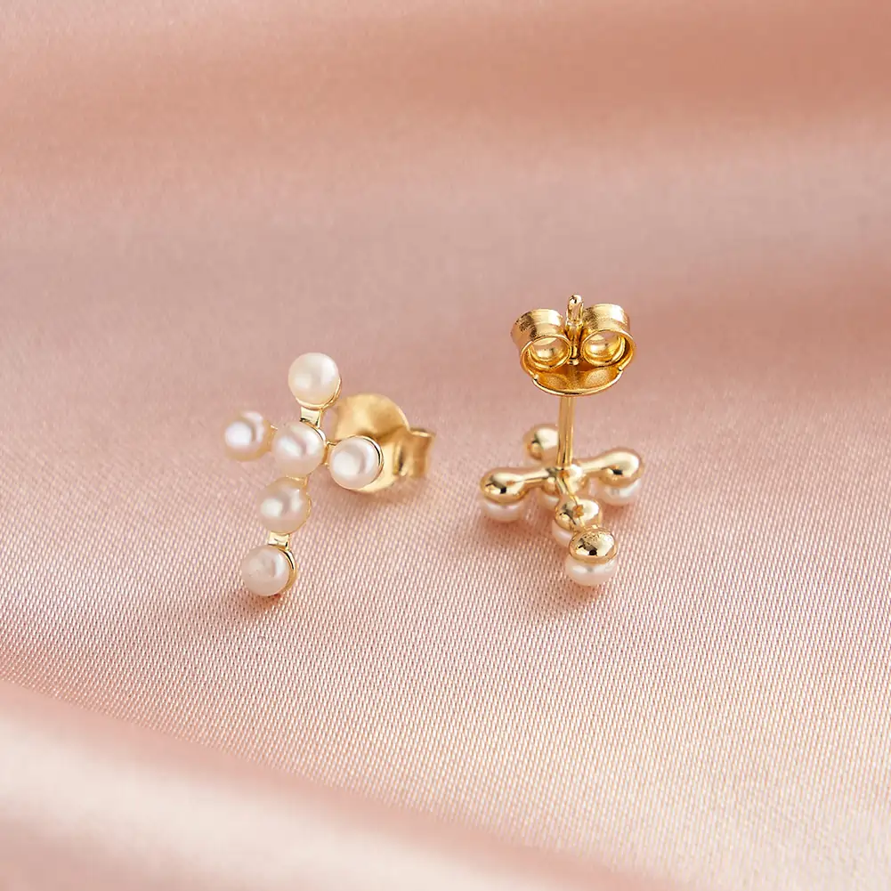 Cercei din argint - Cercei din Argint Pearl Cross Stud Gold