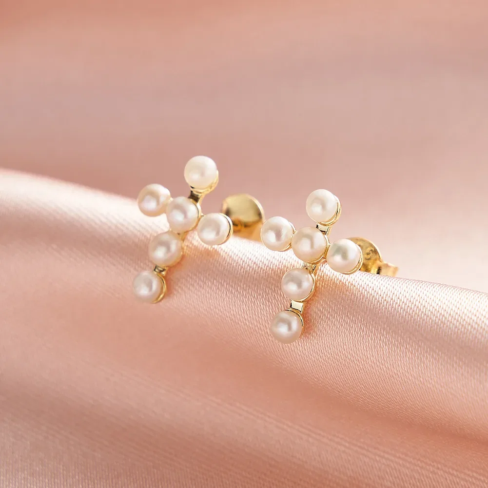 Cercei din argint - Cercei din Argint Pearl Cross Stud Gold