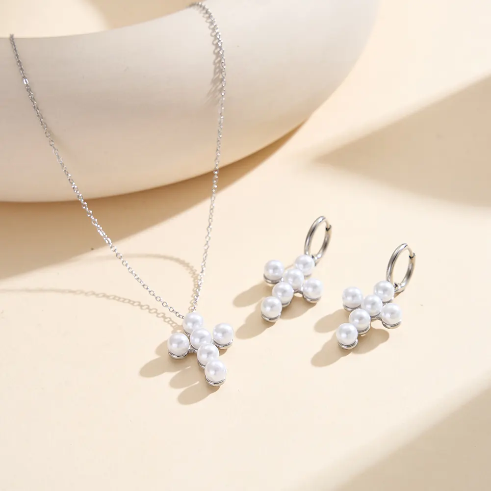 Cercei Statement - Cercei Statement cu Perle Shell Cross Argintiu