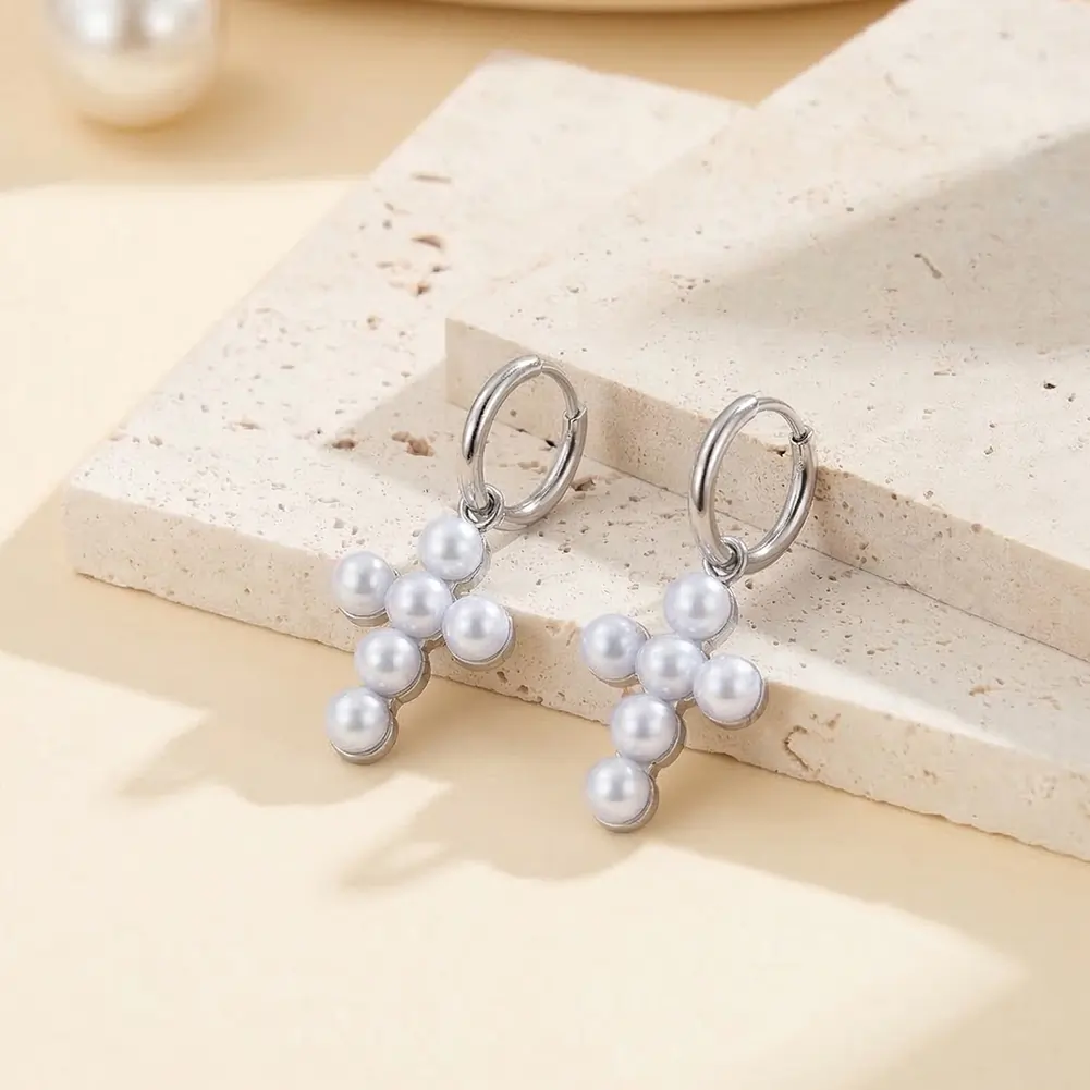 Cercei Statement - Cercei Statement cu Perle Shell Cross Argintiu