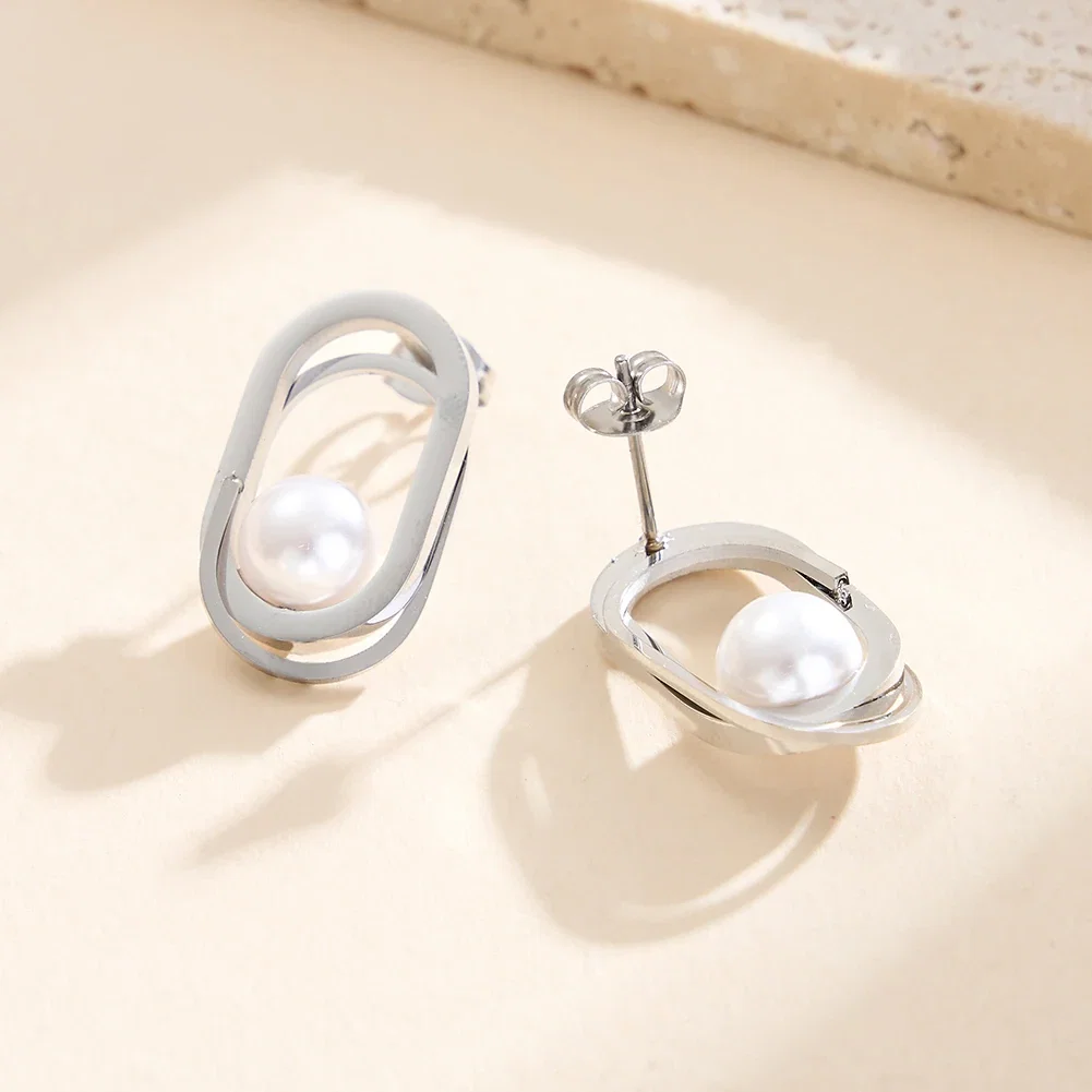 Colecții - Cercei Statement cu Perle Shell Oval Argintiu