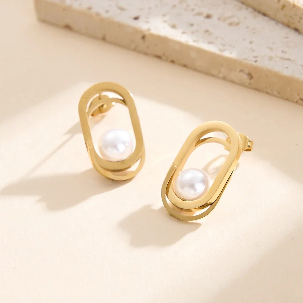 Colecții - Cercei Statement cu Perle Shell Oval Auriu