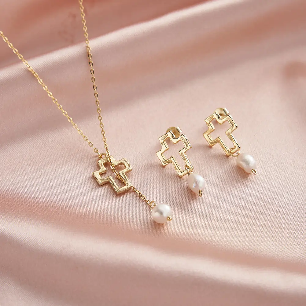 Coliere din argint - Colier din Argint Cu Perlă Naturală Cross With Pearl Gold