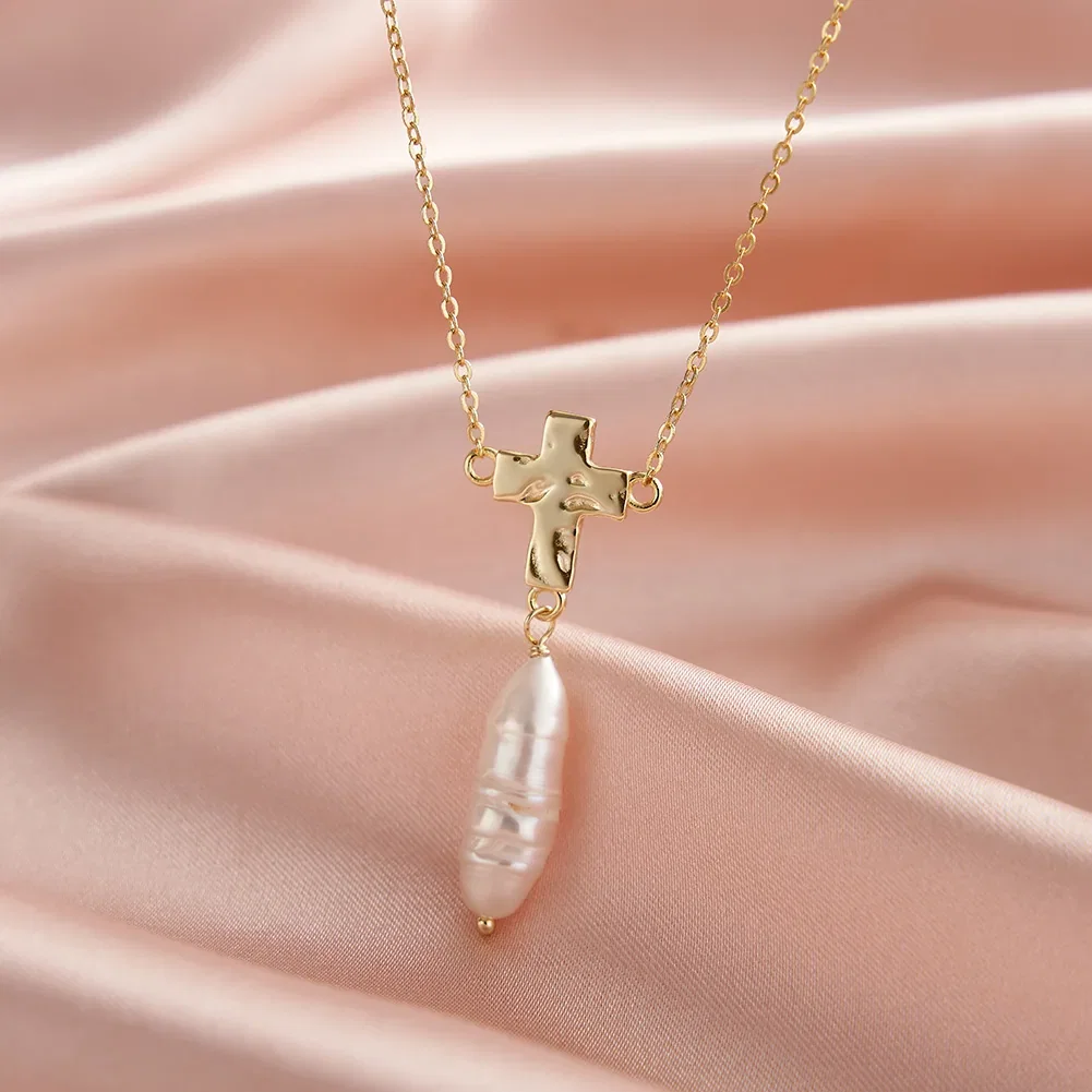 Coliere din argint - Colier din Argint Cu Perlă Naturală Gold Cross & Baroque Pearl
