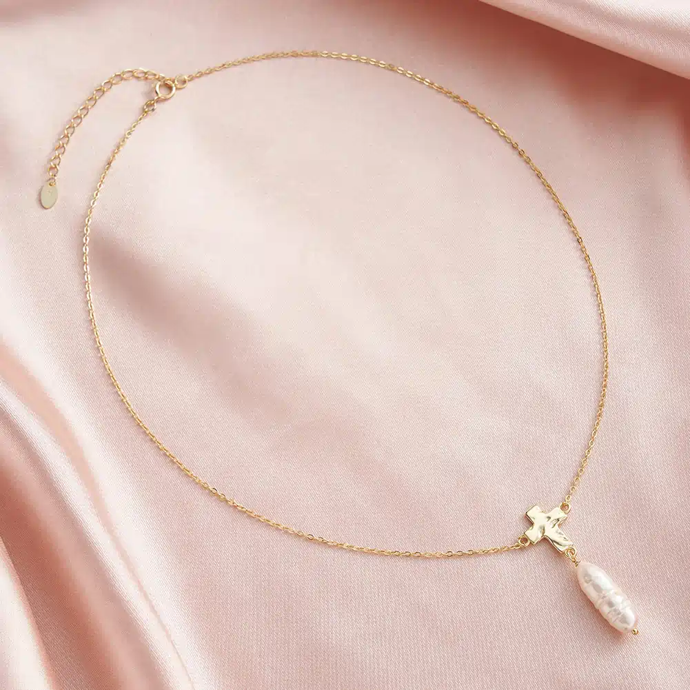 Coliere din argint - Colier din Argint Cu Perlă Naturală Gold Cross & Baroque Pearl