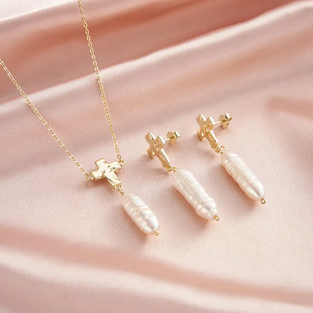 Coliere din argint - Colier din Argint Cu Perlă Naturală Gold Cross & Baroque Pearl