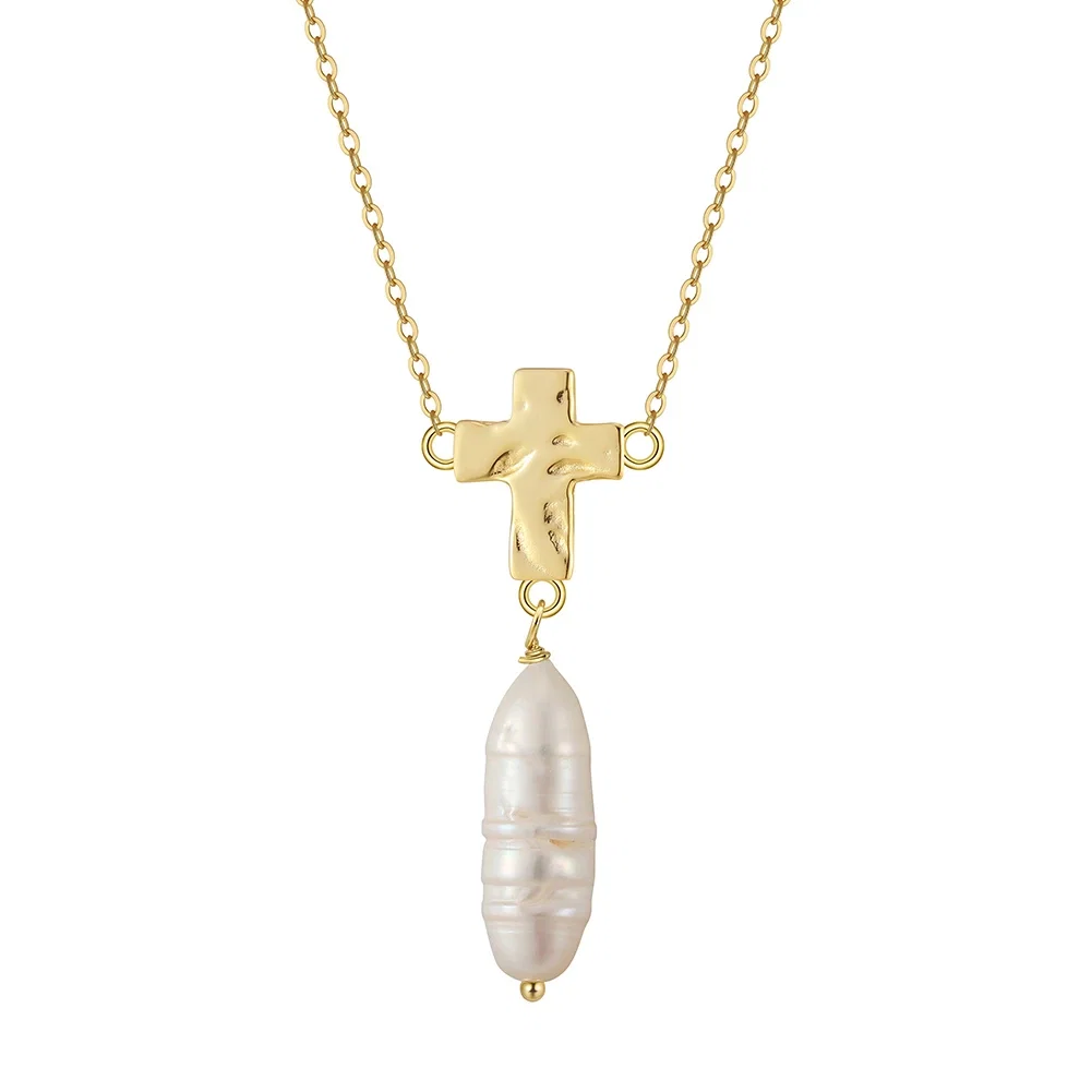 Coliere din argint - Colier din Argint Cu Perlă Naturală Gold Cross & Baroque Pearl