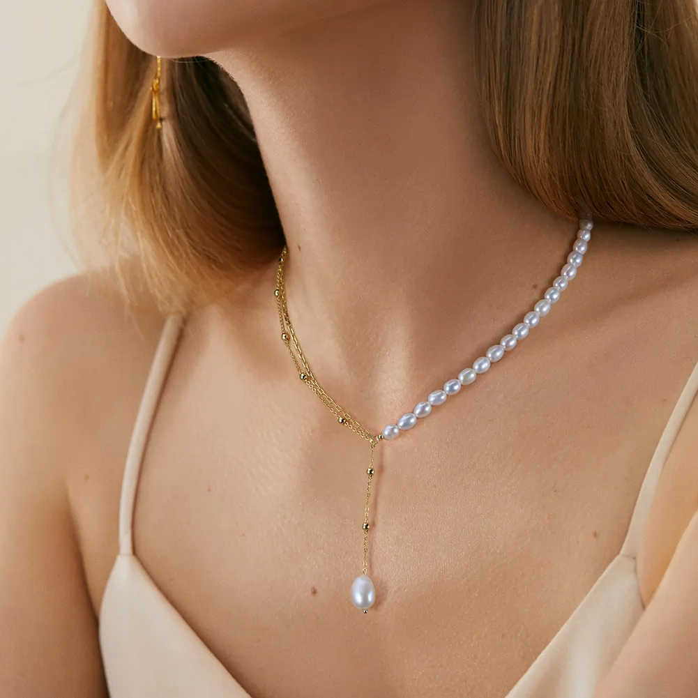 Produse Noi - Colier din Argint cu Perle Naturale de Cultură Drop Line Gold