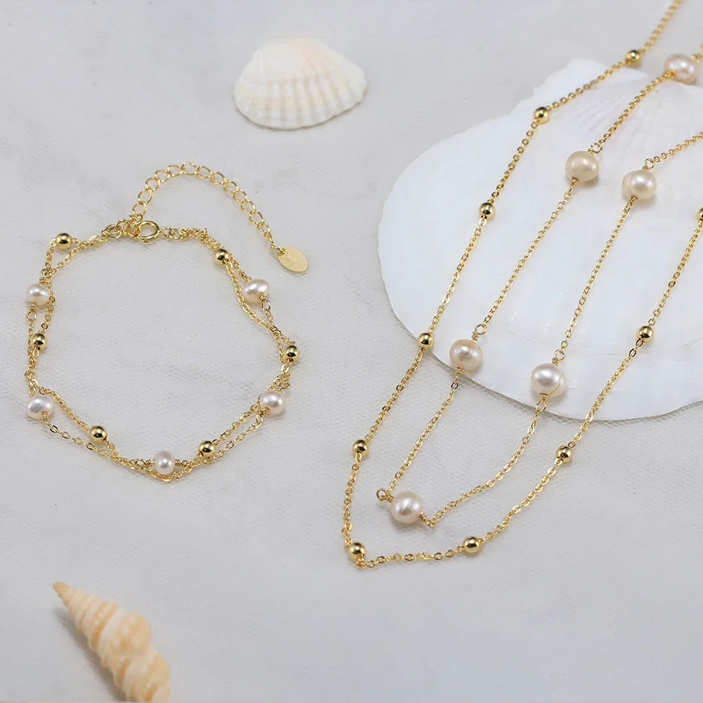 Coliere din argint - Colier din Argint cu Perle Naturale de Cultură Duo Pearl Gold