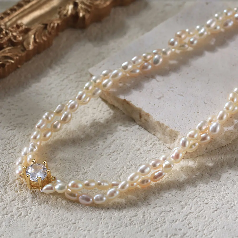 Coliere Din Argint - Colier din Argint cu Perle Naturale de Cultură Elegant Double Pearl Gold