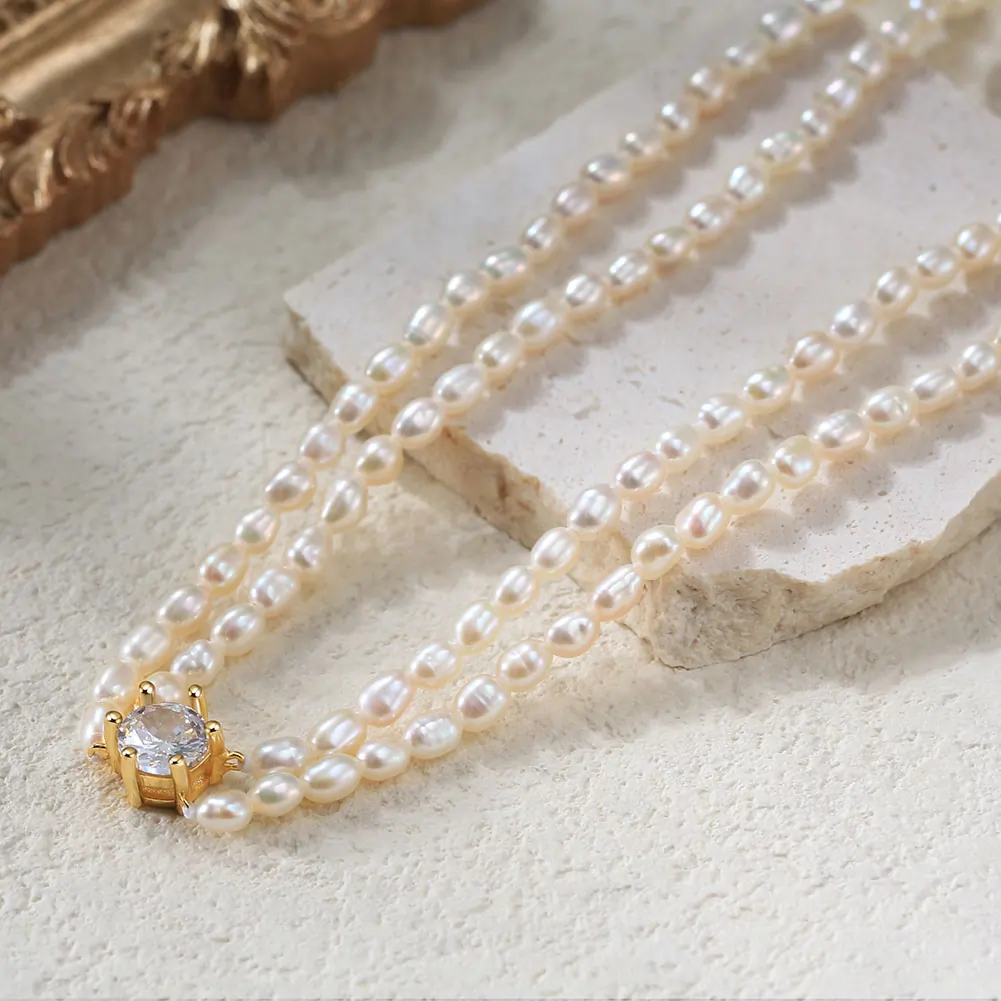 Coliere Din Argint - Colier din Argint cu Perle Naturale de Cultură Elegant Double Pearl Gold