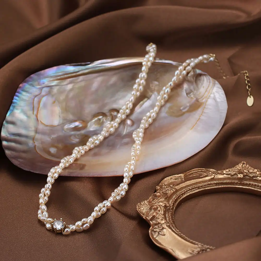 Coliere Din Argint - Colier din Argint cu Perle Naturale de Cultură Elegant Double Pearl Gold