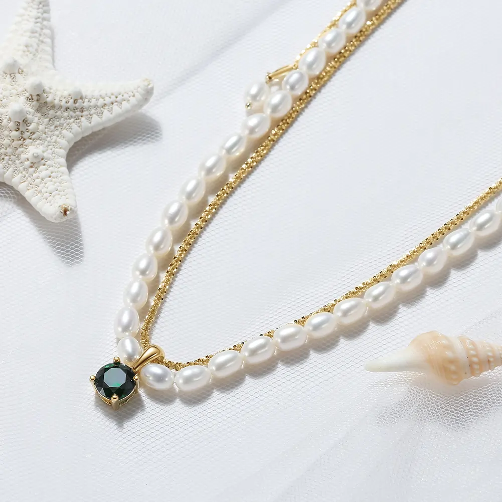 Coliere Din Argint - Colier din Argint cu Perle Naturale de Cultură Emerald Touch Pearls