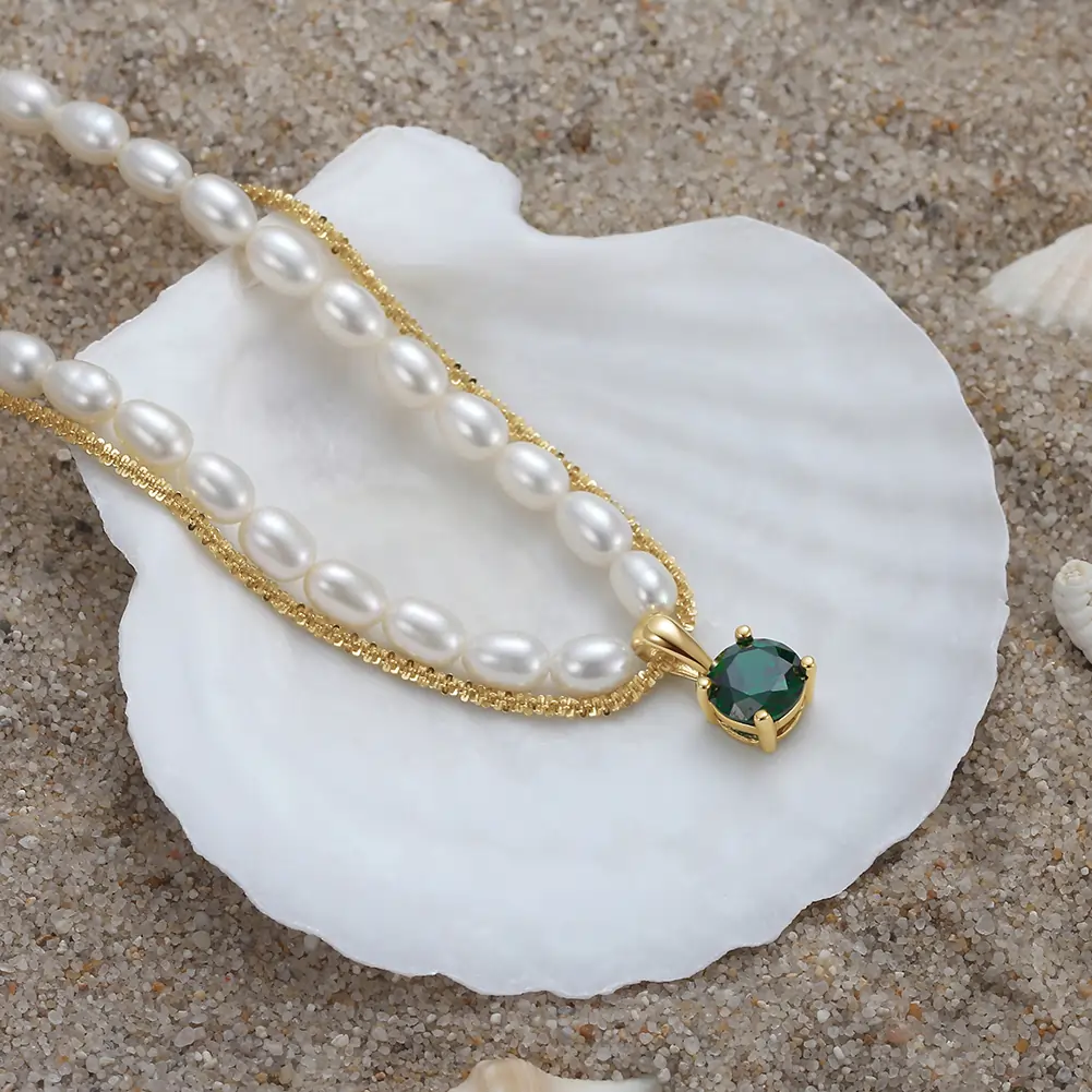 Coliere Din Argint - Colier din Argint cu Perle Naturale de Cultură Emerald Touch Pearls