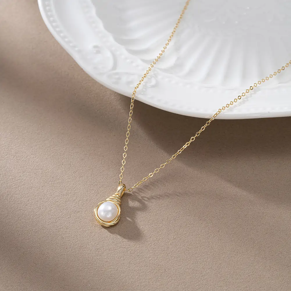 Coliere Din Argint - Colier din Argint cu Perle Naturale de Cultură Golden Pearl Drop Necklace