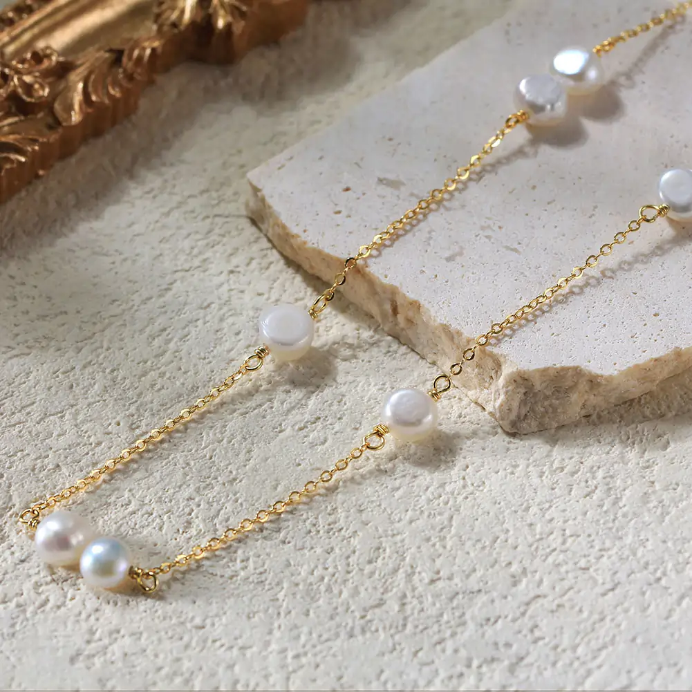 Bijuterii Perle Naturale - Colier din Argint cu Perle Naturale de Cultură Golden Pearl Line