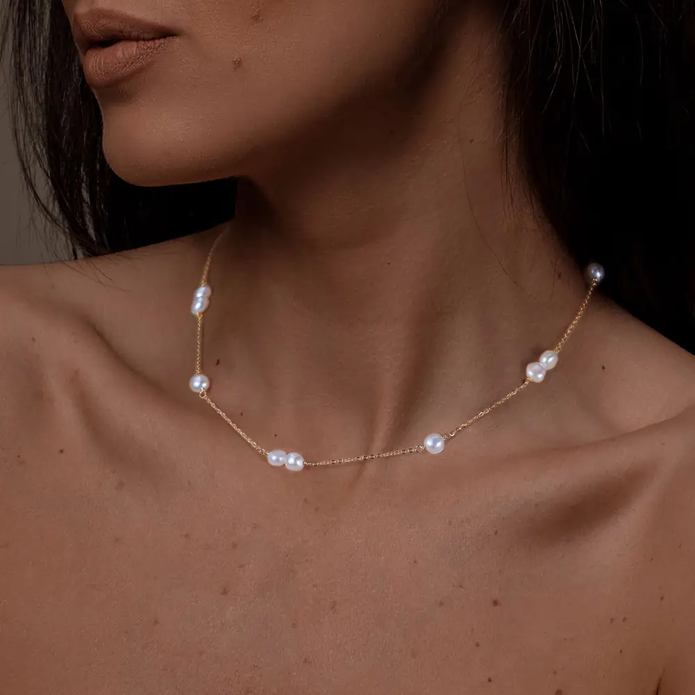 Bijuterii Perle Naturale - Colier din Argint cu Perle Naturale de Cultură Golden Pearl Line