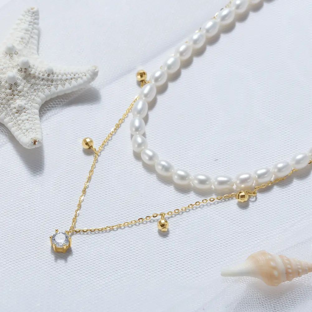 Coliere Din Argint - Colier din Argint cu Perle Naturale de Cultură Golden Twin Pearls