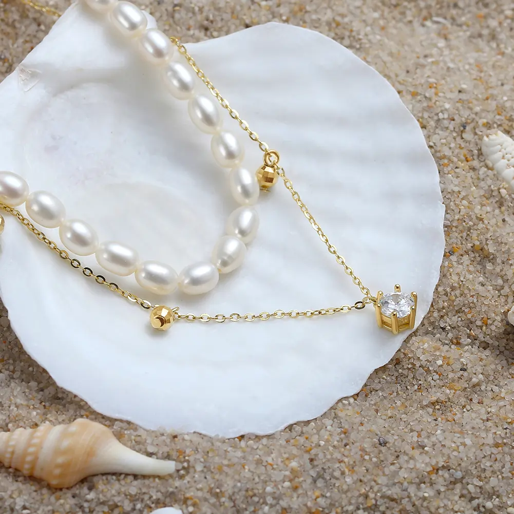 Coliere Din Argint - Colier din Argint cu Perle Naturale de Cultură Golden Twin Pearls