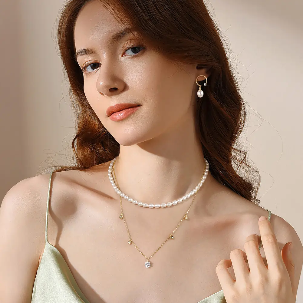 Coliere Din Argint - Colier din Argint cu Perle Naturale de Cultură Golden Twin Pearls