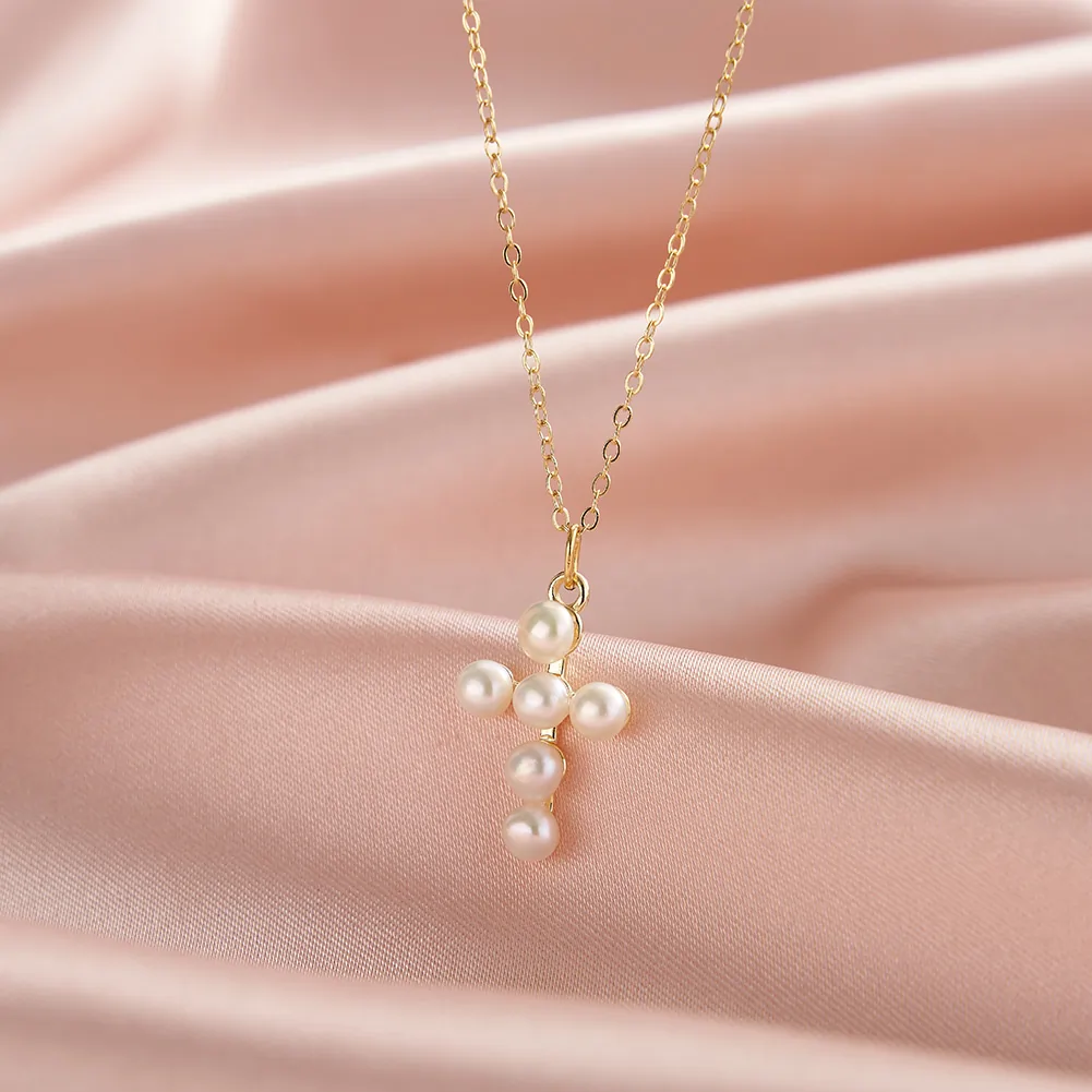 Coliere din argint - Colier din Argint cu Perle Naturale de Cultură Pearl Cross Charm Gold
