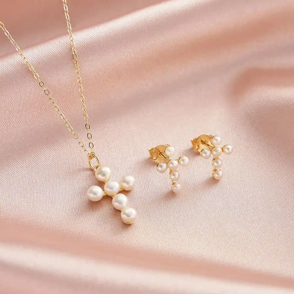 Coliere din argint - Colier din Argint cu Perle Naturale de Cultură Pearl Cross Charm Gold