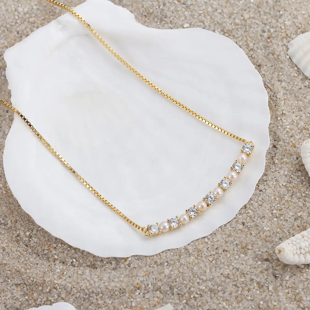 Coliere Din Argint - Colier din Argint cu Perle Naturale de Cultură Sparkle Line Necklace