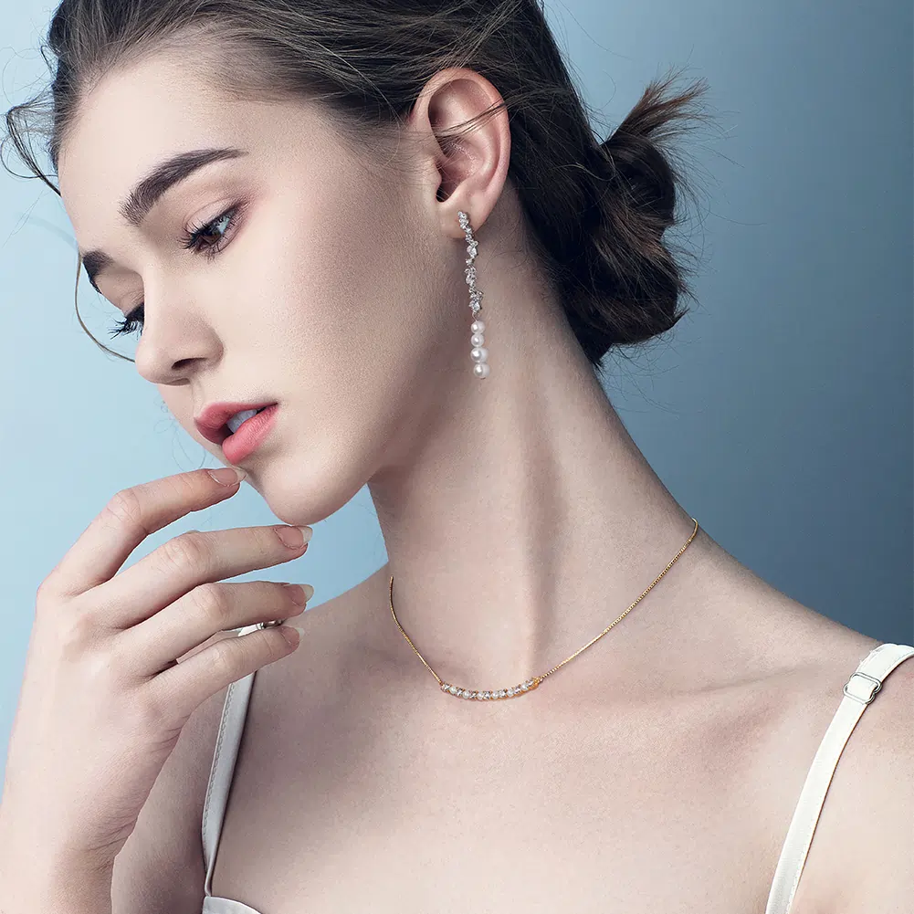 Coliere Din Argint - Colier din Argint cu Perle Naturale de Cultură Sparkle Line Necklace