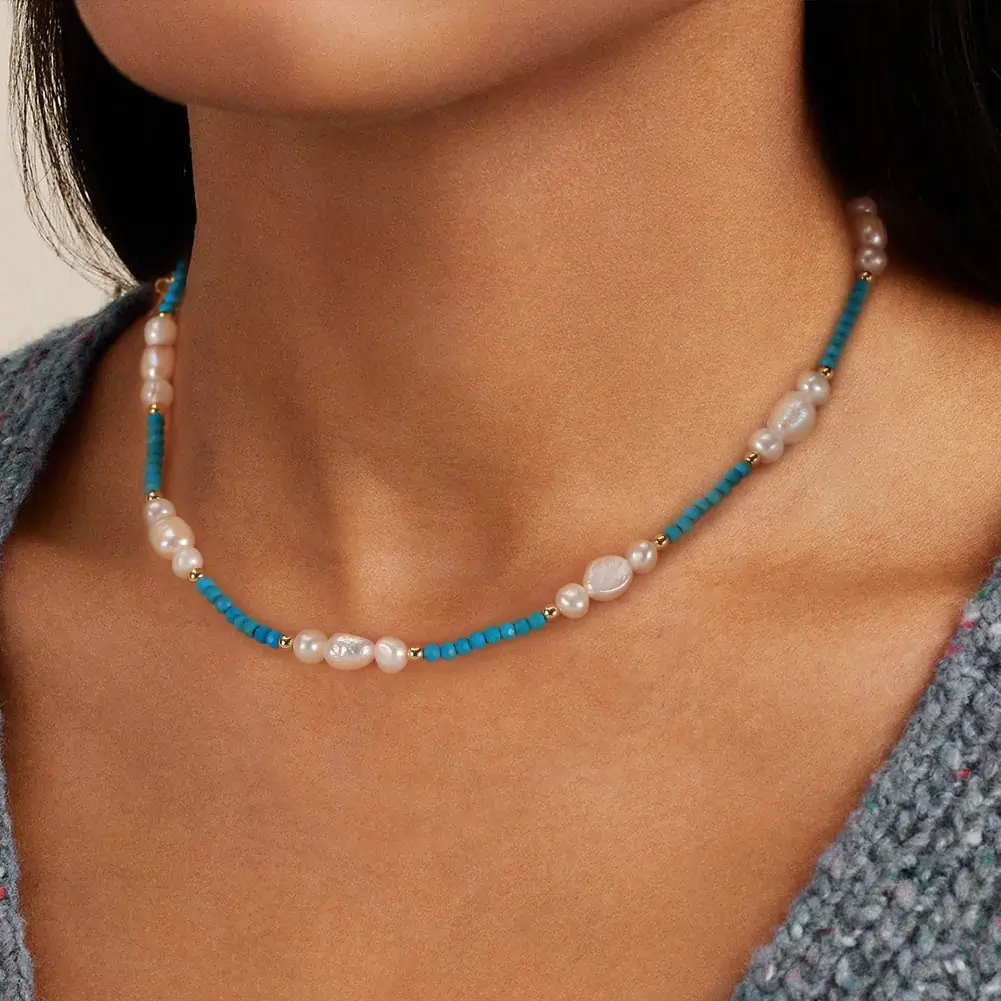Coliere din argint - Colier din Argint cu Perle naturale și Pietre Turcoaz Pearl & Turquoise Elegance