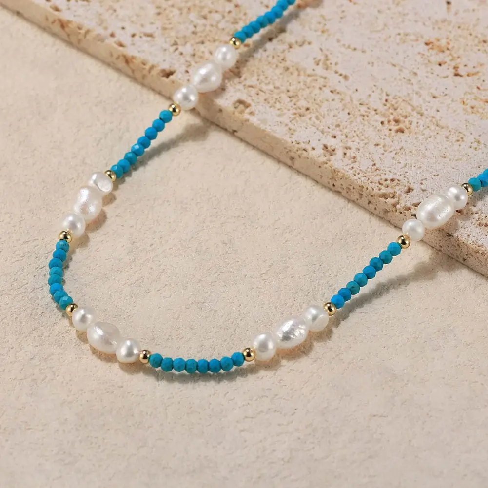 Coliere din argint - Colier din Argint cu Perle naturale și Pietre Turcoaz Pearl & Turquoise Elegance