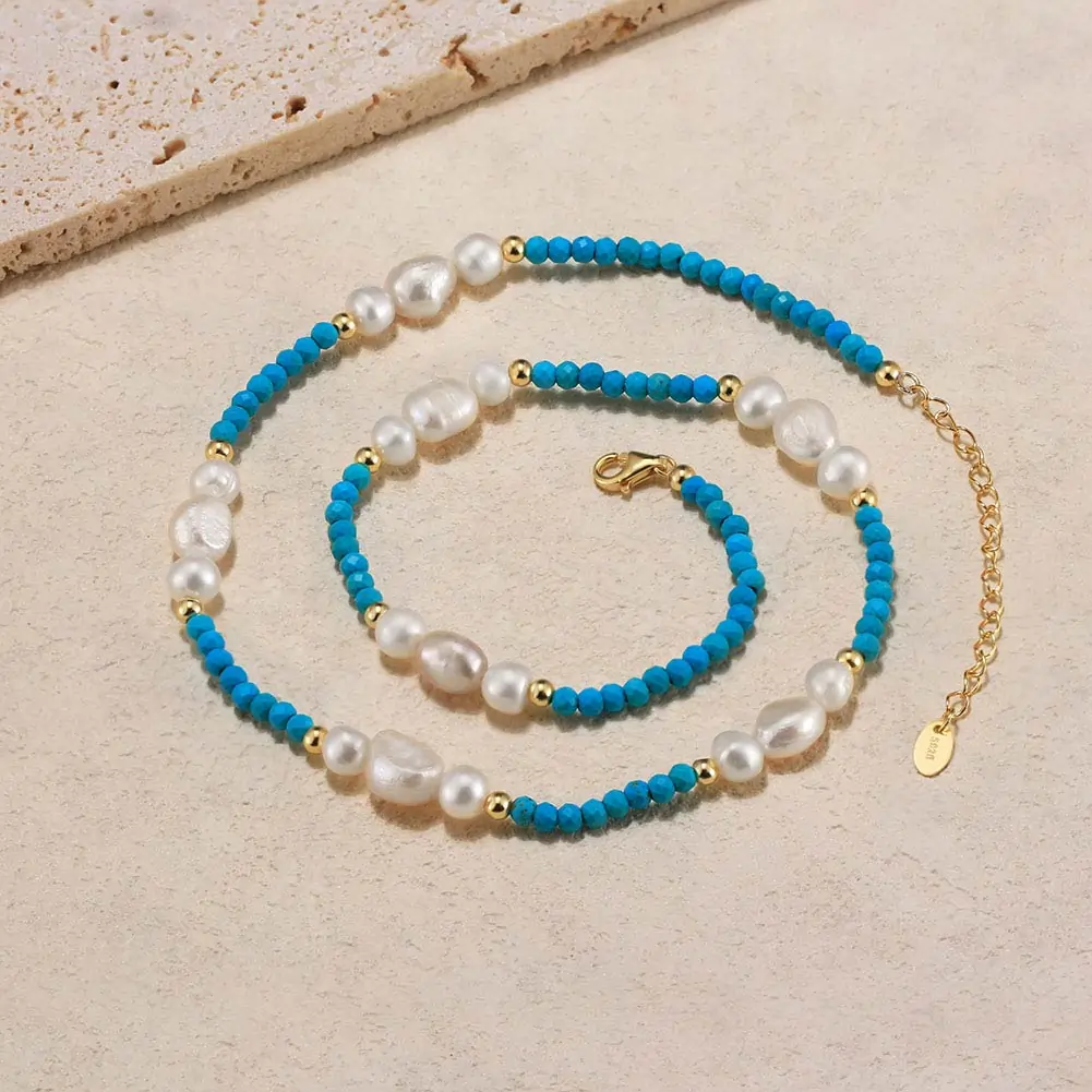 Coliere din argint - Colier din Argint cu Perle naturale și Pietre Turcoaz Pearl & Turquoise Elegance