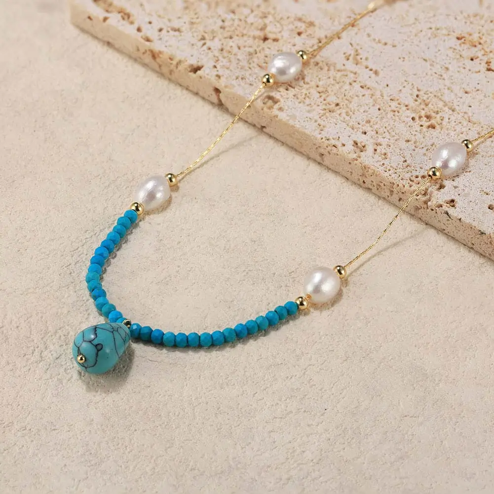 Coliere Din Argint - Colier din Argint cu Perle naturale și Pietre Turcoaz Turquoise & Pearl Harmony